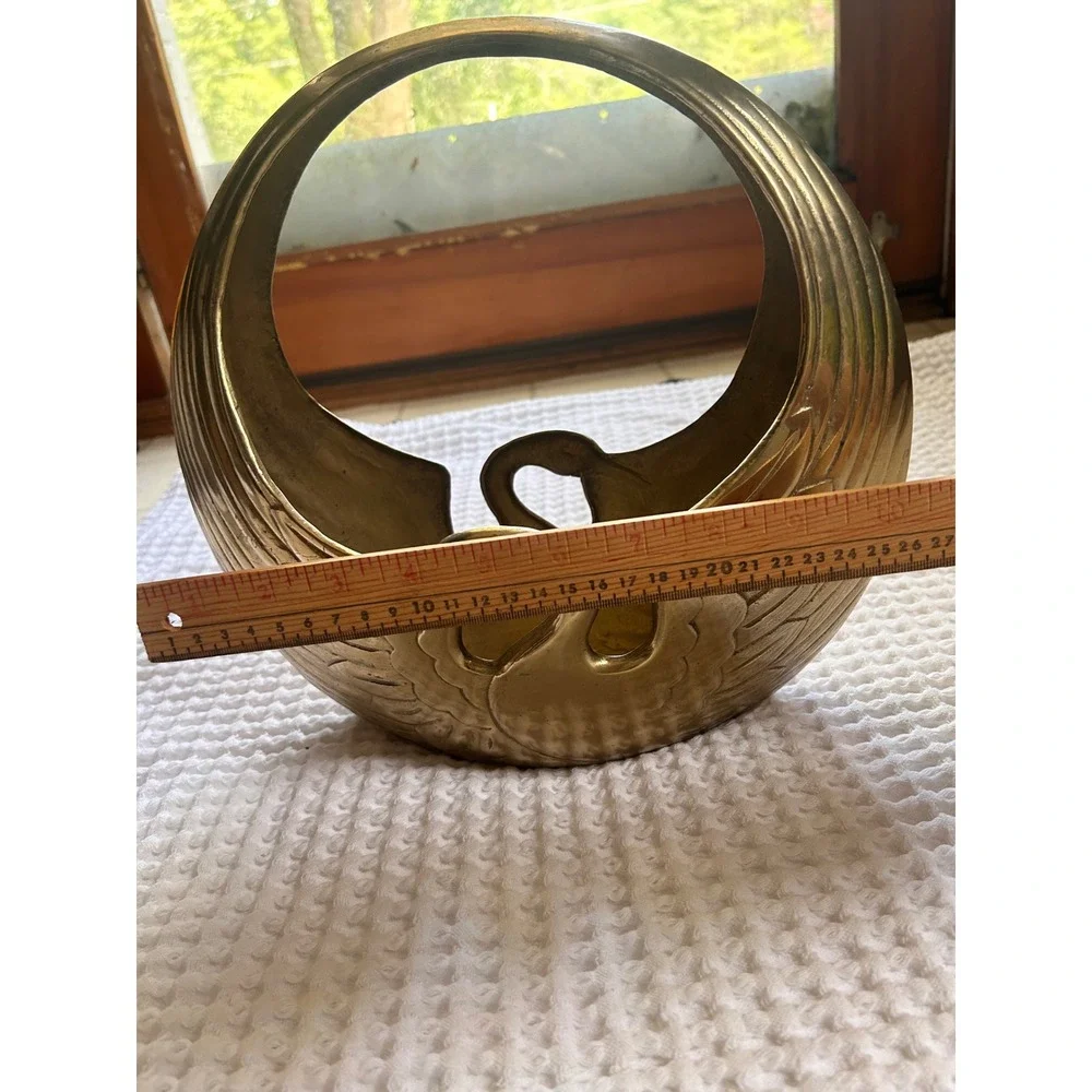 Vintage Brass Swan Basket Planter Gold Etched Hollywood Regency Catchall Decor